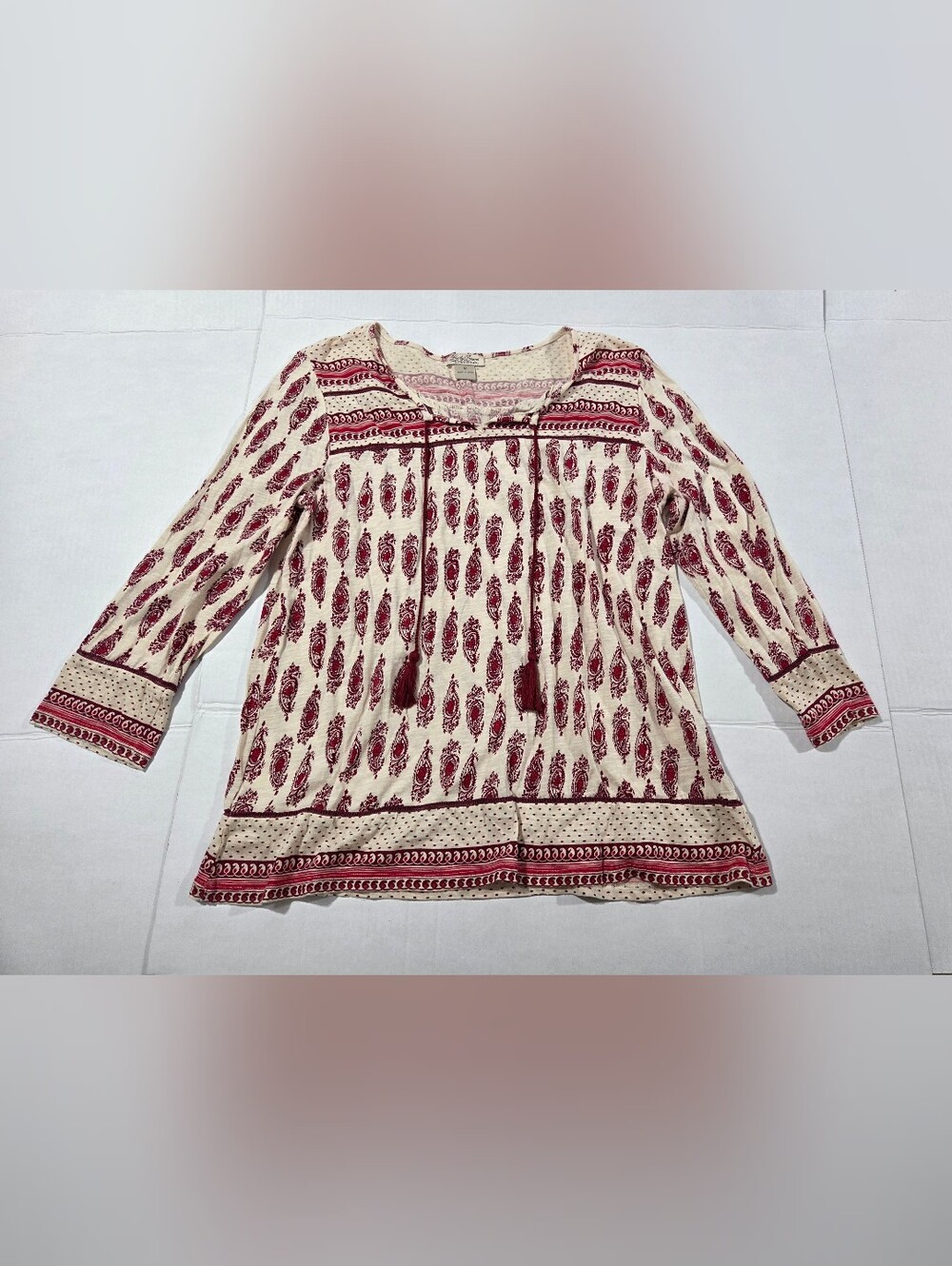 Boho Tie-Front Peasant Top in Cream and Burgundy